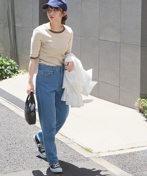 forksy.（フォルクシー）の「【forksy.】細リブボーダー配色パイピング半袖Tシャツ（Tシャツ/カットソー・レディース・パープル/ブラウン/イエロー/オレンジ/ライトブラウン/グリーン/ベージュ/ブルー/マスタード/ブラック・FREE）」の22枚目の写真