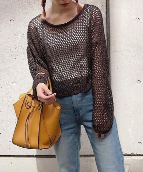 KOBE LETTUCE（コウベレタス）の「ゆったり透かし編みメッシュニットトップス（ニット/セーター・レディース・グリーン系その他/アイボリー/ベージュ/ダークブラウン・FREE）」の3枚目の写真