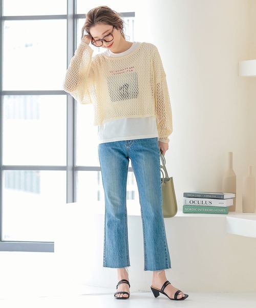 KOBE LETTUCE（コウベレタス）の「ゆったり透かし編みメッシュニットトップス（ニット/セーター・レディース・グリーン系その他/アイボリー/ベージュ/ダークブラウン・FREE）」の9枚目の写真