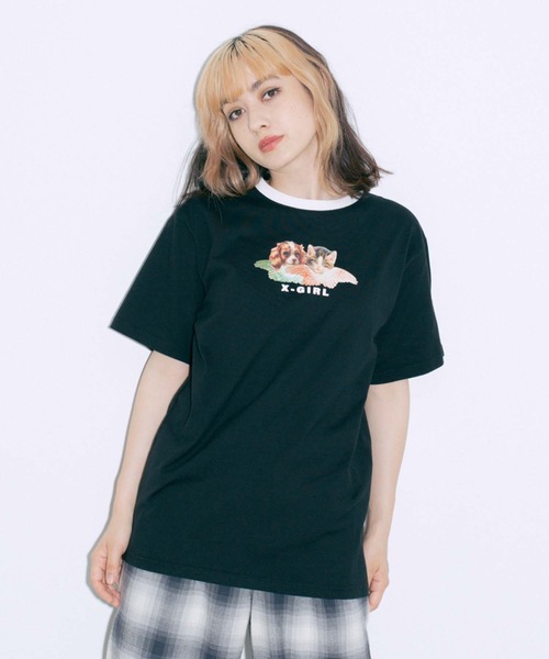 X-girl（エックスガール）の「DOG & CAT ANGEL S/S TEE（Tシャツ/カットソー・レディース・ホワイト/ベージュ/ブラック/ライトパープル・S/L/XS/M）」の3枚目の写真