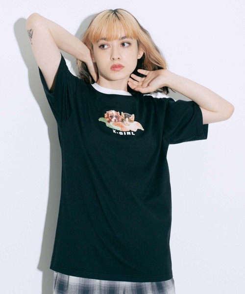 X-girl（エックスガール）の「DOG & CAT ANGEL S/S TEE（Tシャツ/カットソー・レディース・ホワイト/ベージュ/ブラック/ライトパープル・S/L/XS/M）」の21枚目の写真
