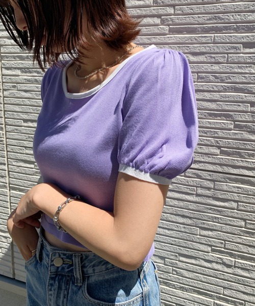everycoco(エブリーココ)の「バイカラーパフスリーブトップ◇(ニット/セーター・レディース・ホワイト/ブラック/パープル/サックスブルー・FREE)」の10枚目の写真