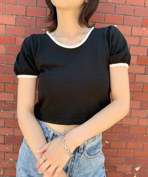everycoco(エブリーココ)の「バイカラーパフスリーブトップ◇(ニット/セーター・レディース・ホワイト/ブラック/パープル/サックスブルー・FREE)」の12枚目の写真
