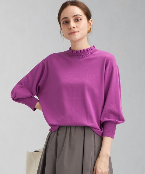 green label relaxing(グリーンレーベルリラクシング)の「スタンド フリル ネック プルオーバー ニット -ウォッシャブル-(ニット/セーター・レディース・ブラック/ダークブラウン/パープル・FREE)」の1枚目の写真