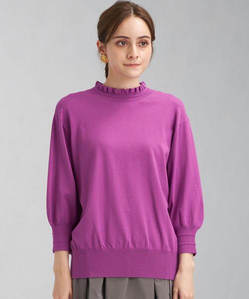 green label relaxing(グリーンレーベルリラクシング)の「スタンド フリル ネック プルオーバー ニット -ウォッシャブル-(ニット/セーター・レディース・ブラック/ダークブラウン/パープル・FREE)」の4枚目の写真