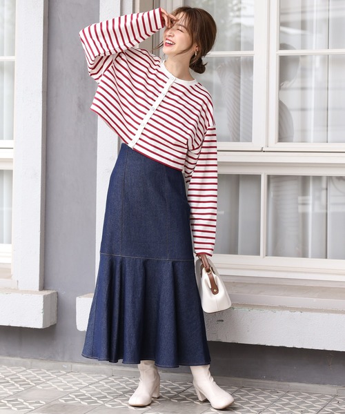 one after another NICE CLAUP（ワンアフターアナザーナイスクラップ）の「しっかり生地で色んなスタイリングに使える。前後２wayゆるボーダーT（Tシャツ/カットソー・レディース・ブラック系その他/パープル系その他/ピンク系その他/レッド系その他/グリーン系その他/ブラック系/パープル系/ピンク系・FREE）」の11枚目の写真