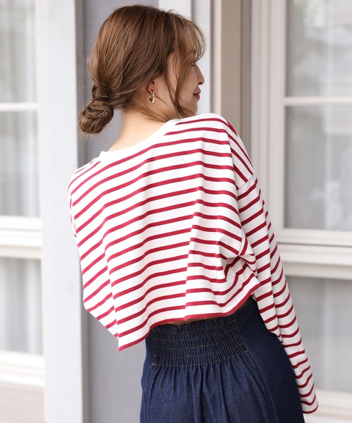 one after another NICE CLAUP（ワンアフターアナザーナイスクラップ）の「しっかり生地で色んなスタイリングに使える。前後２wayゆるボーダーT（Tシャツ/カットソー・レディース・ブラック系その他/パープル系その他/ピンク系その他/レッド系その他/グリーン系その他/ブラック系/パープル系/ピンク系・FREE）」の16枚目の写真