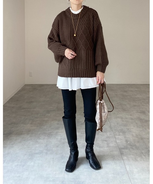 She's Closet(シーズクローゼット)の「ケーブルアラン編みボリュームスリーブパッチワークニット(ニット/セーター・レディース・アイボリー/ベージュ/ブラック/ブラウン/イエロー/グリーン・FREE)」の10枚目の写真