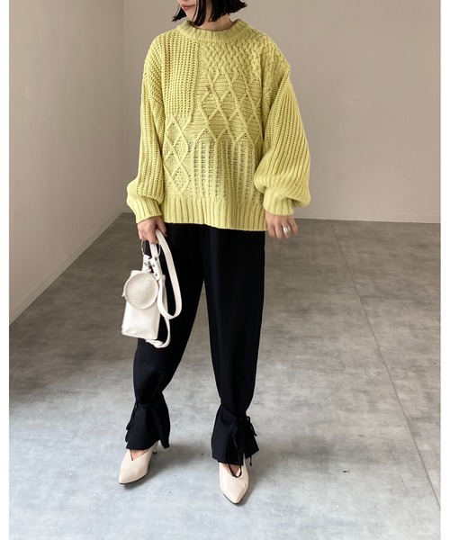 She's Closet(シーズクローゼット)の「ケーブルアラン編みボリュームスリーブパッチワークニット(ニット/セーター・レディース・アイボリー/ベージュ/ブラック/ブラウン/イエロー/グリーン・FREE)」の15枚目の写真