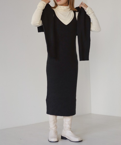 Bab（バブ）の「リブニットトップスワンピースセット（ワンピース・レディース・ブラック/ベージュ/グリーン・M）」の2枚目の写真