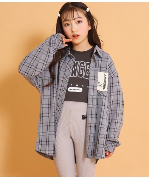 ANAP GｉRL（アナップガール）の「チェックオーバーシャツ（シャツ/ブラウス・キッズ・グリーン/スミクロ/アイボリー・S/M）」の3枚目の写真