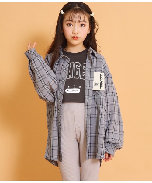ANAP GｉRL（アナップガール）の「チェックオーバーシャツ（シャツ/ブラウス・キッズ・グリーン/スミクロ/アイボリー・S/M）」の4枚目の写真