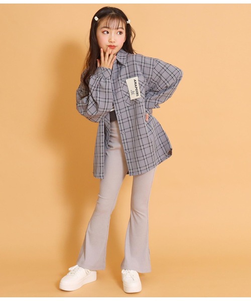 ANAP GｉRL（アナップガール）の「チェックオーバーシャツ（シャツ/ブラウス・キッズ・グリーン/スミクロ/アイボリー・S/M）」の5枚目の写真