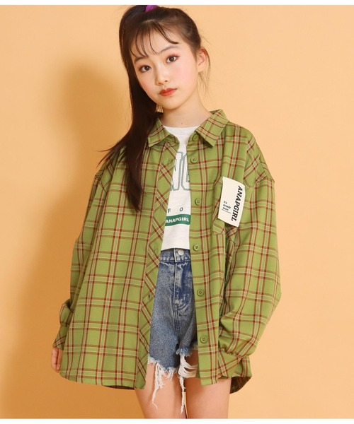 ANAP GｉRL（アナップガール）の「チェックオーバーシャツ（シャツ/ブラウス・キッズ・グリーン/スミクロ/アイボリー・S/M）」の6枚目の写真