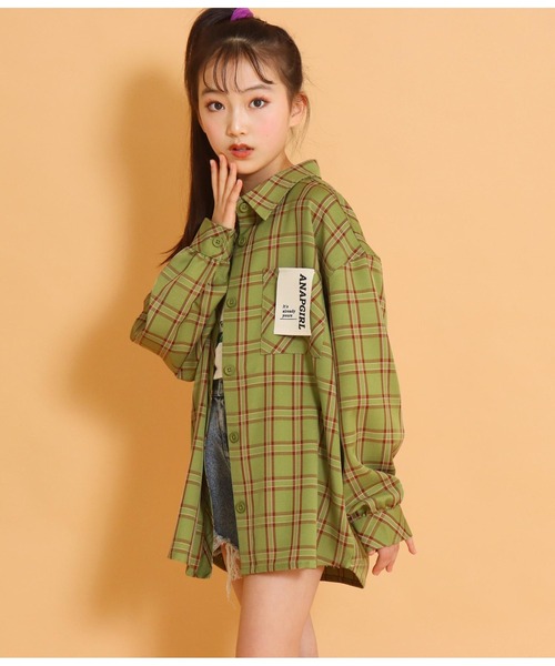 ANAP GｉRL（アナップガール）の「チェックオーバーシャツ（シャツ/ブラウス・キッズ・グリーン/スミクロ/アイボリー・S/M）」の7枚目の写真