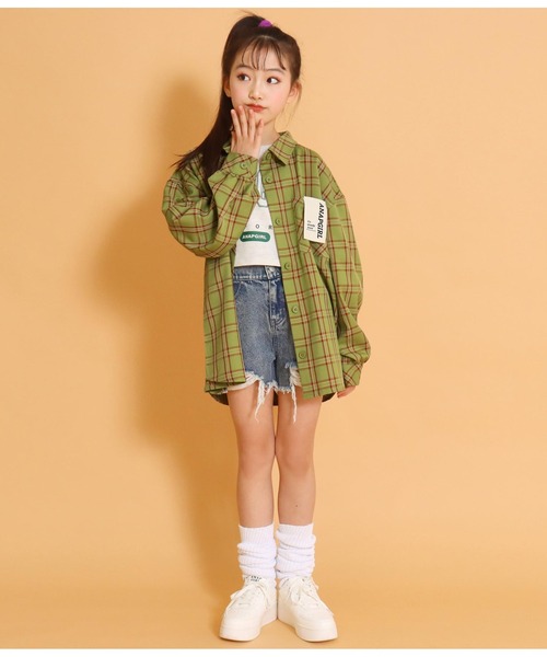 ANAP GｉRL（アナップガール）の「チェックオーバーシャツ（シャツ/ブラウス・キッズ・グリーン/スミクロ/アイボリー・S/M）」の8枚目の写真