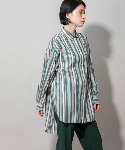 Munich(ミューニック)の「モダールナイロンストライプバックオープンシャツ(シャツ/ブラウス・レディース・マルチ/ブルー/ベージュ・FREE)」の4枚目の写真