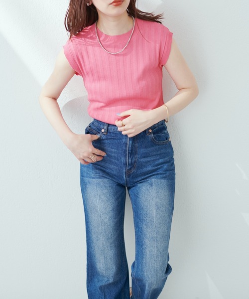 natural couture(ナチュラルクチュール)の「全6色/プチプラワイドリブノースリーブ(ニット/セーター・レディース・ブラック/オフホワイト/ピンク/グリーン/ラベンダー/その他1・FREE)」の5枚目の写真