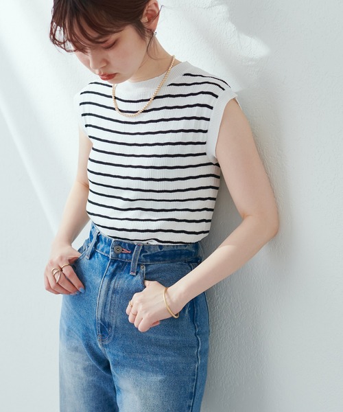 natural couture(ナチュラルクチュール)の「全6色/プチプラワイドリブノースリーブ(ニット/セーター・レディース・ブラック/オフホワイト/ピンク/グリーン/ラベンダー/その他1・FREE)」の9枚目の写真