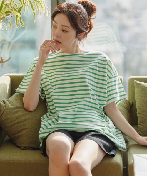 GLOBAL WORK(グローバルワーク)の「リラックスボーダーT/275927(Tシャツ/カットソー・レディース・ブラック/ライトグリーン/ライトイエロー/ライトピンク・FREE)」の3枚目の写真