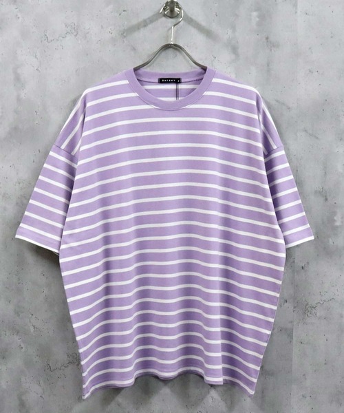 SHISKY（シスキー）の「ビッグシルエット 先染めボーダー クルーネック半袖Tシャツ（Tシャツ/カットソー・メンズ・ブラック/モカ/ラベンダー/杢グレー/ベージュ系/ネイビー系/ダークグリーン/ネイビー/チャコール/ブルー/オフホワイト/ベージュ・M/L/XL）」の12枚目の写真