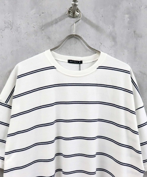 SHISKY（シスキー）の「ビッグシルエット 先染めボーダー クルーネック半袖Tシャツ（Tシャツ/カットソー・メンズ・ブラック/モカ/ラベンダー/杢グレー/ベージュ系/ネイビー系/ダークグリーン/ネイビー/チャコール/ブルー/オフホワイト/ベージュ・M/L/XL）」の13枚目の写真