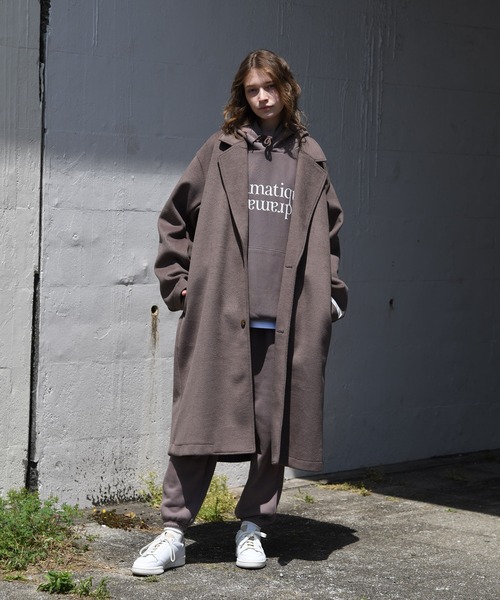 SUPERTHANKS（スーパーサンクス）の「SUPERTHANKS スーパーサンクス / メルトン 無地 オーバーサイズ ロング ビッグシルエット チェスターコート（ユニセックス） / ST223JK004（チェスターコート・メンズ・ブラック/グレイッシュベージュ・SMALL/MEDIUM）」の8枚目の写真