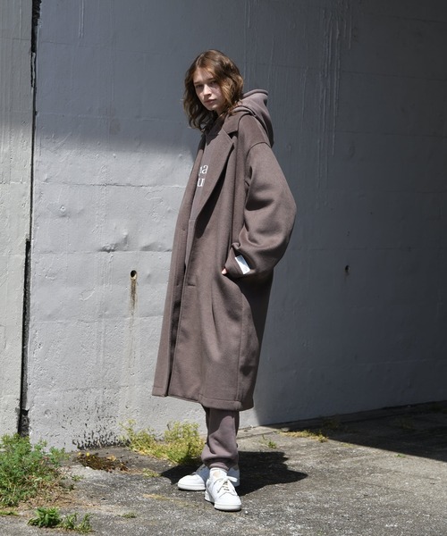 SUPERTHANKS（スーパーサンクス）の「SUPERTHANKS スーパーサンクス / メルトン 無地 オーバーサイズ ロング ビッグシルエット チェスターコート（ユニセックス） / ST223JK004（チェスターコート・メンズ・ブラック/グレイッシュベージュ・SMALL/MEDIUM）」の9枚目の写真