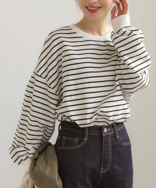fifth(フィフス)の「ストレッチボーダープルオーバー(Tシャツ/カットソー・レディース・ホワイト/ブラック・M)」の1枚目の写真