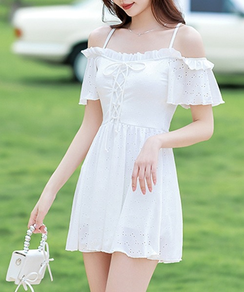 TeddyShop(テディショップ)の「レディース水着 ワンピース オフショルダー フリルレースアップ 体型カバー(水着・レディース・ホワイト・M/LL/L)」の4枚目の写真