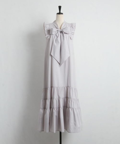 tocco closet（トッコ　クローゼット）の「肩フリル付きボウタイリボンコットンライクティアードワンピース（ワンピース・レディース・ブラック/オフホワイト/グレー系その他・M）」の19枚目の写真