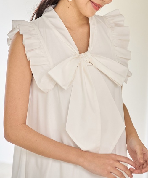 tocco closet（トッコ　クローゼット）の「肩フリル付きボウタイリボンコットンライクティアードワンピース（ワンピース・レディース・ブラック/オフホワイト/グレー系その他・M）」の17枚目の写真