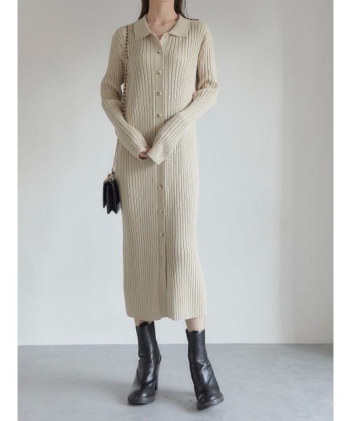 リブニットポロワンピース/ベージュ（ワンピース）｜amel（エイメル