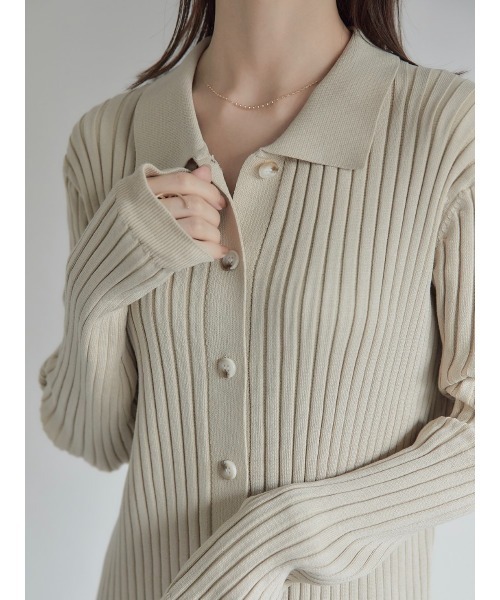 リブニットポロワンピース/ベージュ（ワンピース）｜amel（エイメル