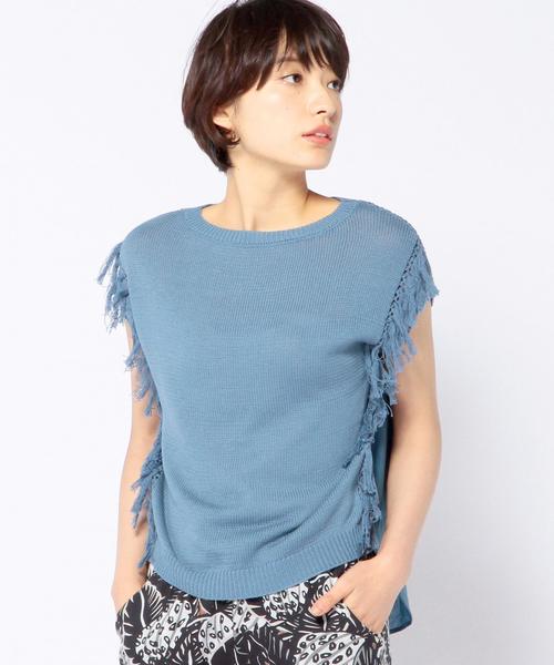 Another Edition（アナザーエディション）の「フリンジメッシュコンビプルオーバー/AEBC フリンジ MESH COMBI PO◆（ニット/セーター・レディース・ホワイト/ターコイズブルー・フリー）」の2枚目の写真