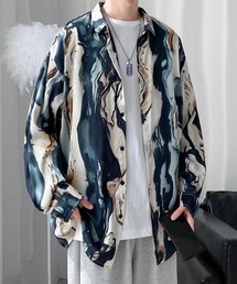 【BENDER TOKYO】レトロ 総柄プリント レギュラーカラーシャツ 長袖 柄シャツ［薄手生地］