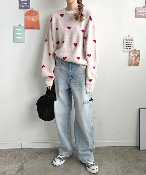 Futier land(フューティアランド)の「ハート柄ニットプルオーバー(ニット/セーター・レディース・アイボリー/ブラック・FREE)」の5枚目の写真