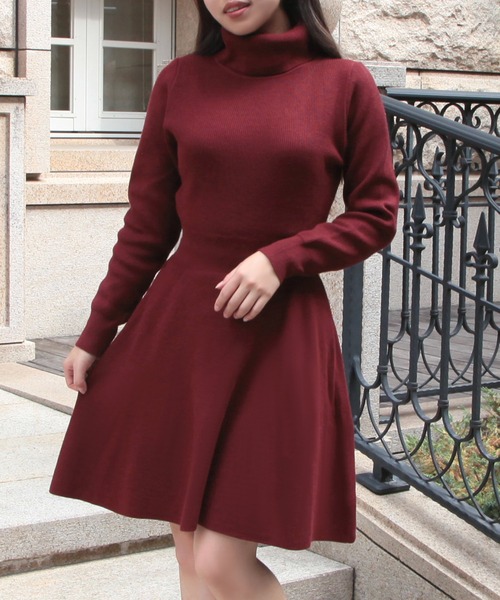 セール】タートルネックフレアニットミニ丈ワンピース/23567