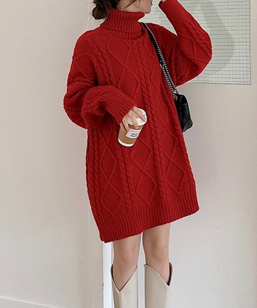 aimoha（アイモハ）の「ケーブルニットミニ丈ワンピース（ワンピース・レディース・レッド/ブラック/オフホワイト・FREE）」の10枚目の写真