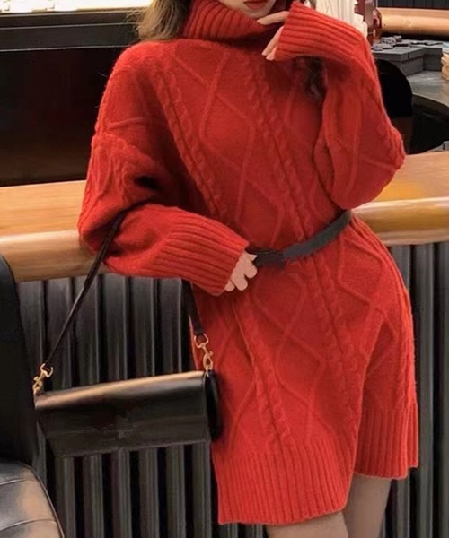 aimoha（アイモハ）の「ケーブルニットミニ丈ワンピース（ワンピース・レディース・レッド/ブラック/オフホワイト・FREE）」の9枚目の写真