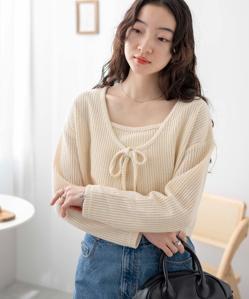 WEGO(ウィゴー)の「WEGO/アンサンブルリボンカーデ(アンサンブル・レディース・グリーン/アイボリー/ブラック・FREE)」の2枚目の写真