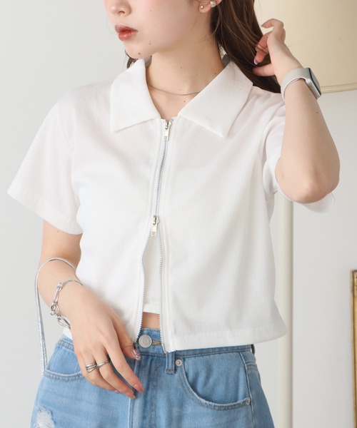 トップス　２枚 Double zipper Tops / Wジップトップス 半袖 シアートップス（T