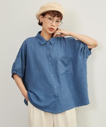 オンワンズオン On One's Own ドット柄ジャガード・7分袖コットンシャツ・ルーズフィットブラウス （BLUE） オンワンズオン On One's Own ドット柄ジャガード・7分袖