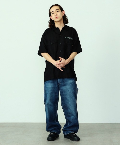 ※ALPHA（アルファ）の「ユーティリティリネンシャツ / スーベニア刺繍 半袖（SOUVENIR）（シャツ/ブラウス・メンズ・ブラック/オリーブ・LARGE/MEDIUM/X-LARGE）」の10枚目の写真