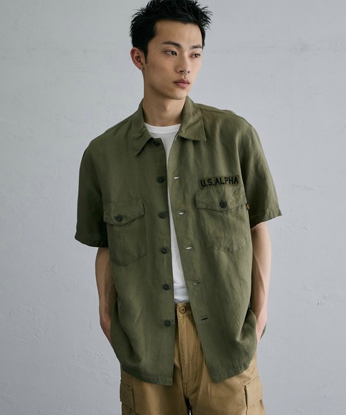 ※ALPHA（アルファ）の「ユーティリティリネンシャツ / スーベニア刺繍 半袖（SOUVENIR）（シャツ/ブラウス・メンズ・ブラック/オリーブ・LARGE/MEDIUM/X-LARGE）」の12枚目の写真