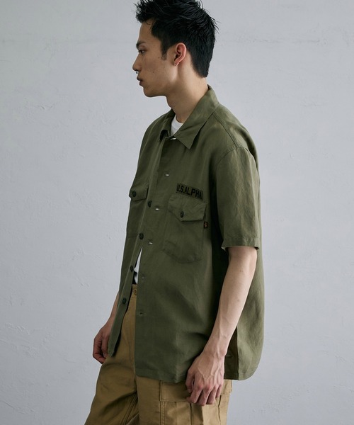 ※ALPHA（アルファ）の「ユーティリティリネンシャツ / スーベニア刺繍 半袖（SOUVENIR）（シャツ/ブラウス・メンズ・ブラック/オリーブ・LARGE/MEDIUM/X-LARGE）」の14枚目の写真