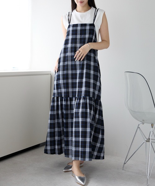 PREFERIR（プレフェリール）の「チェック ダブルストラップ ティアード キャミワンピース（ワンピース・レディース・ブラウン/ネイビー・MEDIUM/LARGE）」の13枚目の写真