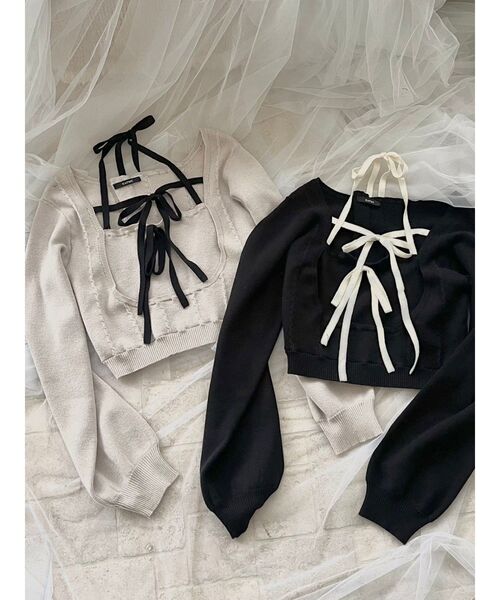 EATME（イートミー）の「【EATME×ENAKO】リボンキャミニットセット（セットアップ可能）（ニット/セーター・レディース・グレー/ブラック・FREE）」の6枚目の写真