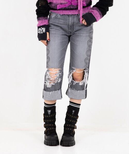 HYSTERIC GLAMOUR(ヒステリックグラマー)の「SNAKE LOOP 8分丈クラッシュデニムパンツ(デニムパンツ・レディース・ライトインディゴブルー/ブラック・25inch/26inch/27inch/28inch)」の11枚目の写真