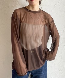 ビッグシルエットクルーネック長袖シースルー/シアーロングTシャツ シアーカットソートップス